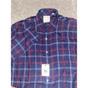 Billy Reid Shirt Men's Large Blue/Red Plaid Standard Cut Designer Lino Linen NWT